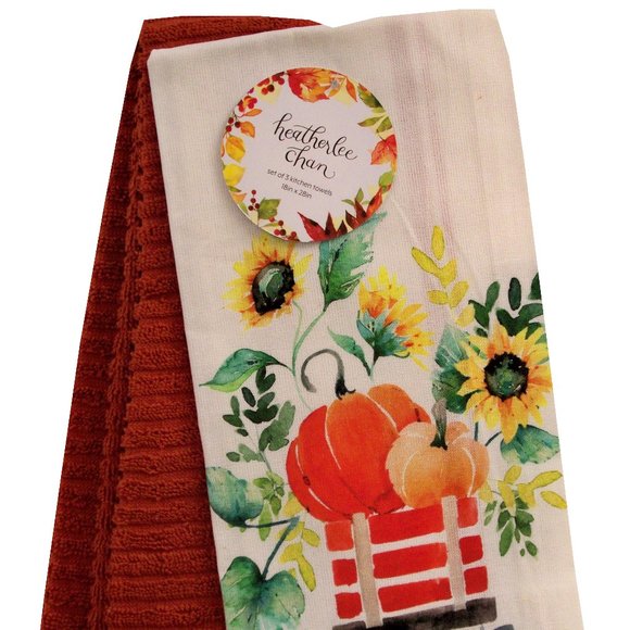 Heatherlee Chan 3 Pc. Kitchen Towel Set Sunflowers Pumpkins in Wagon White Rust - Picture 1 of 3